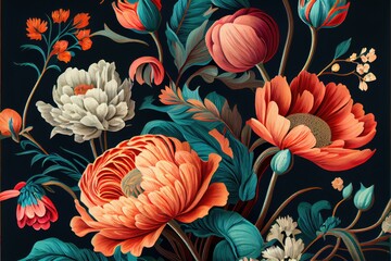 Retro seamless pattern with flowers background - generative ai