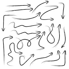 Set of vector curved arrows hand drawn. Sketch doodle style. Collection of pointers.