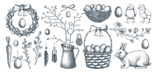 Collection of cute Easter characters and spring decor elements. Hand drawn bunnies, eggs, chickens, flowers and flowering trees isolated on white background. Vector illustrations. Holiday sketches
