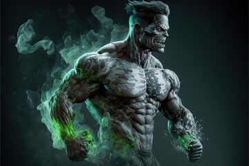 Body builder man with giant muscles. Futuristic fictional man radiates energy, human modified with future technology. Ghost on steroids overdose. Generative AI  - obrazy, fototapety, plakaty