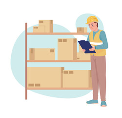 Delivery management 2D vector isolated illustration. Warehouse manager standing near shelves with boxes flat character on cartoon background. Colorful editable scene for mobile, website, presentation