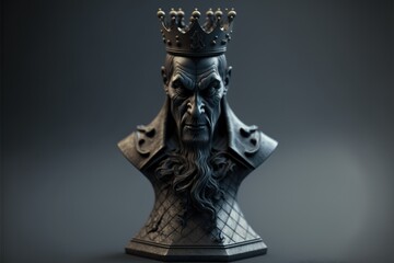 King chess piece. The figure of the king on a dark background. A chess piece of a king with a human face. Part man part chess piece, evil, dark , angry. Generative AI