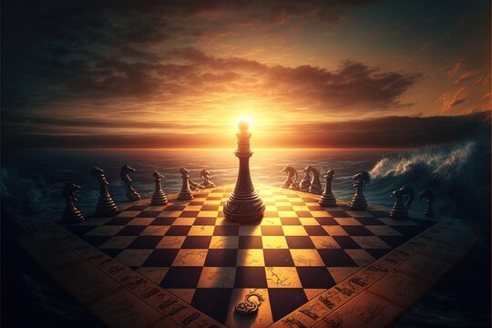 Square chess board, sun. Chessboard on the background of dawn. An epic picture of a chessboard among the waves. Beautiful dawn sky. Queen in the center of the chessboard. Generative AI