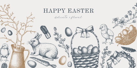 Easter banner design with cute characters and spring decor elements. Hand drawn bunnies, eggs, chickens, flowers and flowering trees background. Vector template with Holiday sketches