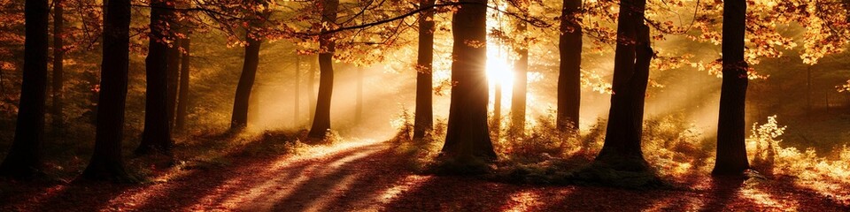 Illustration photo of Autumn forest scene with sunlight shining through the trees, ultrawide