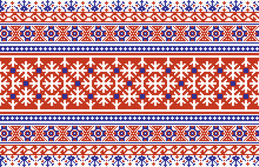 Vector colored seamless Ukrainian national ornament, embroidery. Endless ethnic floral border, Slavic peoples frame. Red cross stitch.