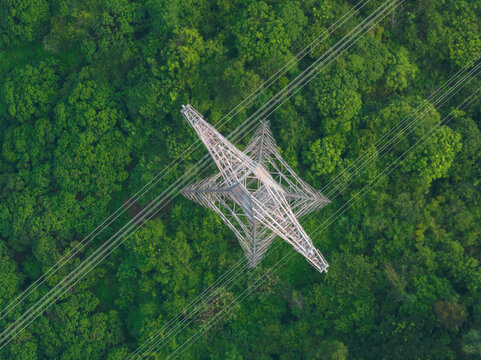 Aerial view of  electricity tower on mountain