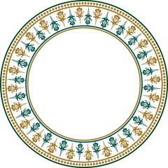 Vector golden and green round byzantine ornament. Circle, border, frame of ancient Greece and Eastern Roman Empire. Decoration of the Russian Orthodox Church..