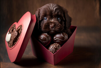 cute puppy dog in a box of chocolates. Generative ai - obrazy, fototapety, plakaty