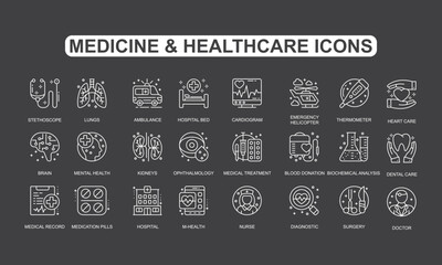 Fototapeta premium Medicine and Healthcare Vector, simple set vector thin line medical and science icons