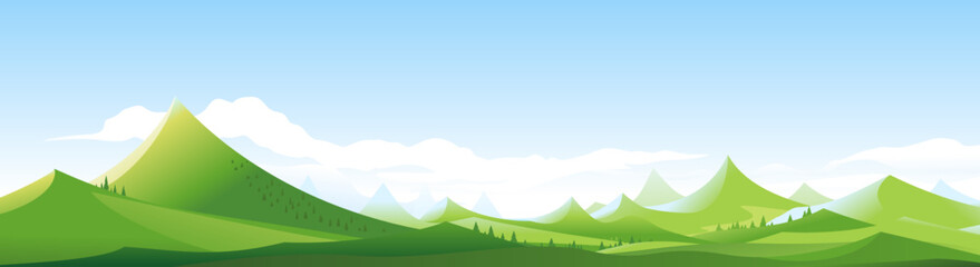 High cartoon green mountains in sunny day with sharp peaks on blue sky in simple geometric form, nature tourism landscape background in view from afar, travel adventure panorama of the mountain range