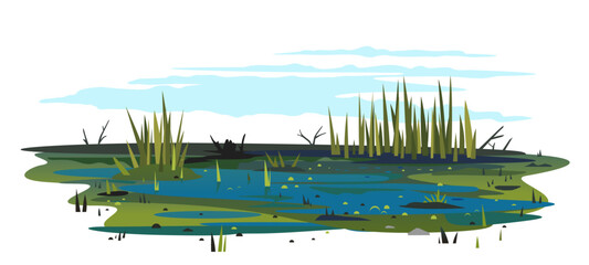 Wild danger swamp with dirty water and various plants isolated illustration, dead trees with bulrush plants, clipart of terrible mystical place, swampy pond with reeds, overgrown pond - obrazy, fototapety, plakaty