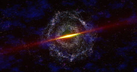 Abstract space galaxy with stars and planets spinning from particles and dots glowing bright futuristic on a black background. Abstract backgroun