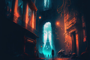 Paris, Man standing in narrow street front of Eiffel tower, digital futuristic fantasy illustration, AI generated