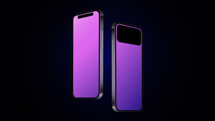 Two Smartphones 14 in Diagonal Angle. Editable Mockup. Black Template. Vector illustration