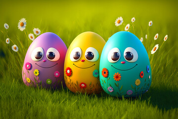 Fototapeta Easter egg character. Cute adorable easter background. generative ai. Group of colorful eggs cartoons characters obraz