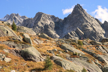 Fototapeta premium Wildromantisches Bergell; Blick von Norden auf Cima dal Cantun (3354m) und Punta da l'Albigna (2825m, Bernina-Alpen)