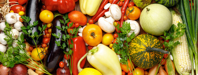 Wide background of autumn vegetables, healthy food.