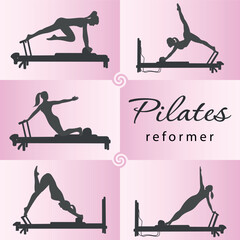 A set of Pilates badges. Silhouette of a girl doing Pilates on a simulator. A concept for business.