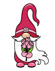 Happy Valentine's Day gnome with  a bunch of flowers. Nordic magic dwarf. Cute holidays Elf with hat. Vector illustration for love day