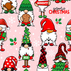 Garden gnomes, gnomie Merry Christmas - funny drawing seamless pattern. wallpaper, wrapping paper. Merry Christmas and Happy New Year.