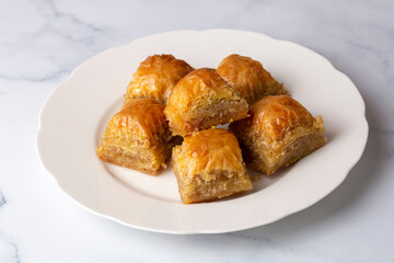 Traditional Turkish dessert; Handmade walnut baklava. Turkish name; cevizli baklava