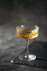Drink on black background - champagne, cocktail, wine, brandy, whiskey, scotch.