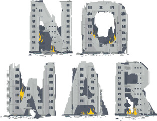 Destroyed buildings between the ruins and concrete in form of word No War, war destruction concept illustration, destroyed buildings ruins and concrete, war destruction