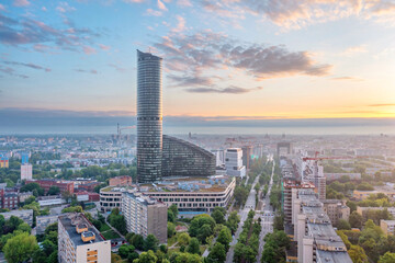 Wroclaw, Poland - aerial cityscape on sunrise with famous skyscrapper