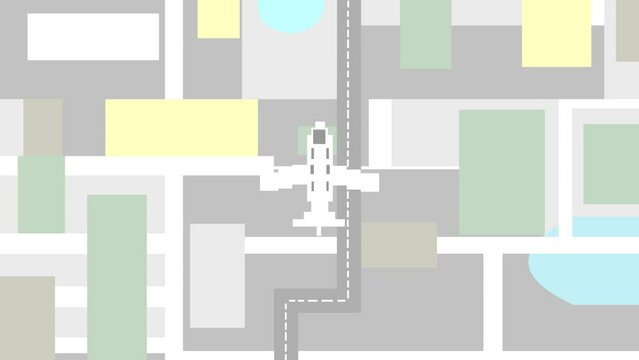Animation of an airplane in 8bit style flying over a city map.

