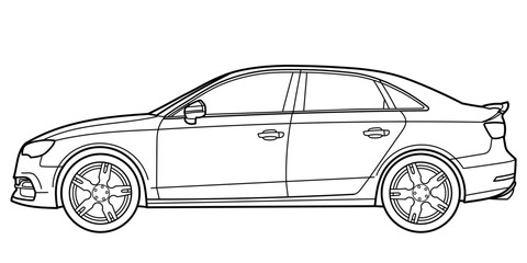 Classic sport sedan car. Side view. Street racing style car. Outline doodle vector illustration for your design - coloring book or print