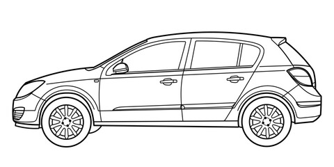 Classic hatchback car. Side view. Street style car. Outline doodle vector illustration for your design - coloring book or print