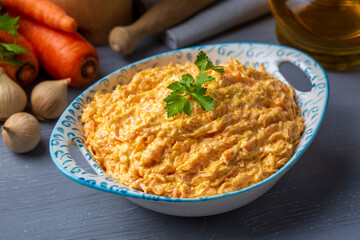 Traditional delicious Turkish foods; Fresh carrot salad with garlic yogurt in bowl. ( Turkish name; havuc tarator)