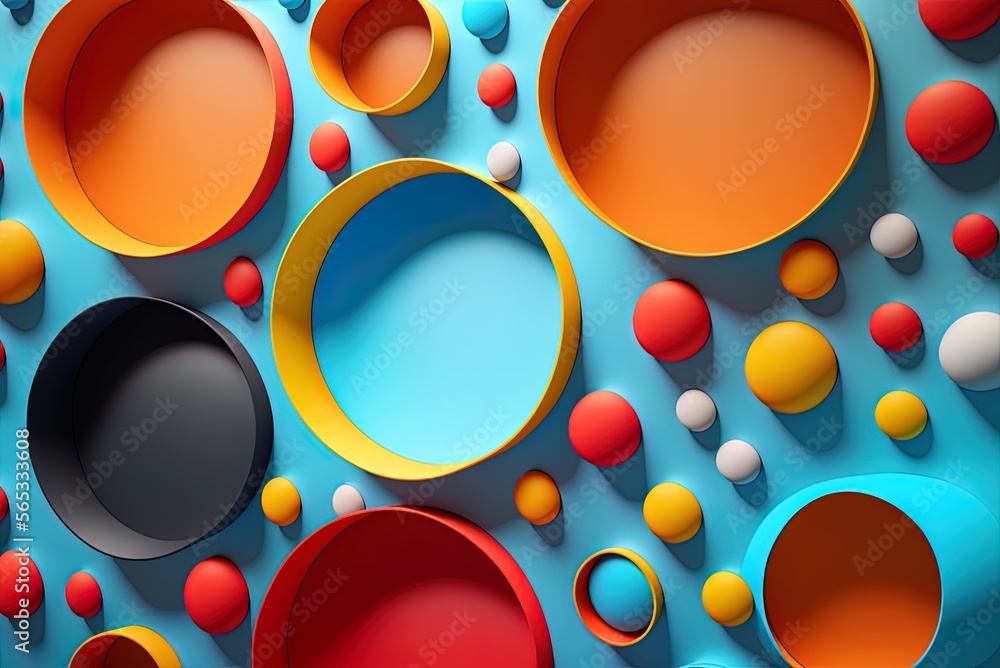 Poster abstract painting of a row of multicolored circles on a blue backdrop. generative ai