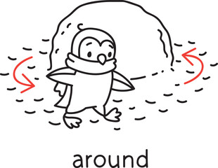 Preposition of movement. Penguin walk around
