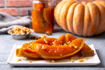 Traditional delicious Turkish cuisine; Pumpkin dessert or jam (Turkish name; Kirecte kabak receli or kabak tatlisi)