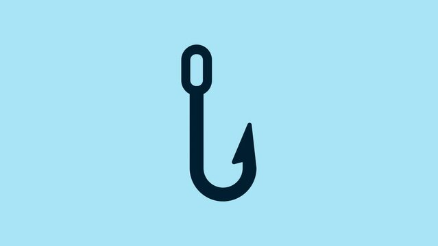 Blue Fishing hook icon isolated on blue background. Fishing tackle. 4K Video motion graphic animation