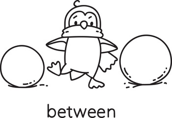 Preposition of place. Penguin goes between snowballs