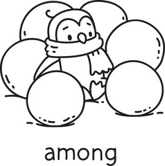 Preposition of place. Penguin sitting among snowballs