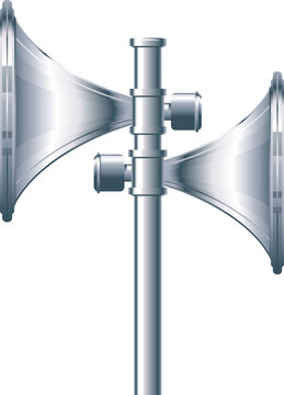 Two Metal Sirens Of The Alert System On Pole Isolated Illustration, Silver Metal Speakers On Side View, Air Alarm Should Be Taken Into Hiding Immediately