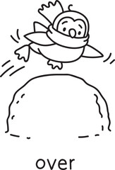 Preposition of place. Penguin jumps over a snowball