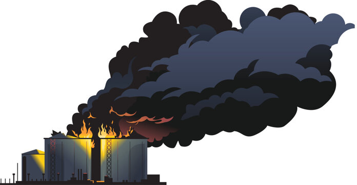 Big oil refinery on fire with big black smoke isolated illustration, oil production plant, petrochemical plant, ecology disaster concept illustration, manufacturing with metallic constructions