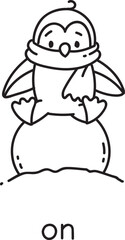 Preposition of place. Penguin on the snowball