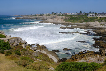 Breaking waves and coastline in Hermanus, Western Cape, South Africa