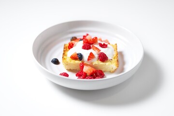 Cottage cheese pie (Zapekanka) with berries on a white plate on a white background