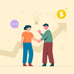 Business people dealing new idea. stand on column charts. The concept of business goals, success, satisfying achievement. Isolated vector with light background.