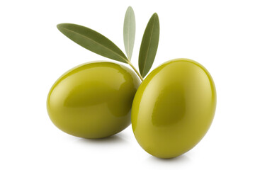 Two delicious green olives with leaves, isolated on white background. Based on Generative AI - obrazy, fototapety, plakaty