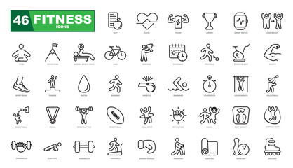 Fitness and sport 46 isolated outline icons set on white background
