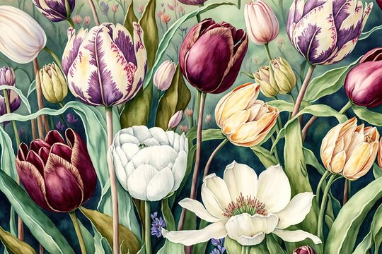tulip flowers , watercolor illustrator. Generative AI