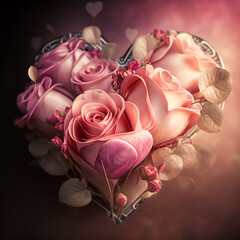 Bouquet aus rosa Rosen in Herzform gebunden mit softem Hintergrund. Gruß zum Valentinstag oder zur Hochzeit - 565335833